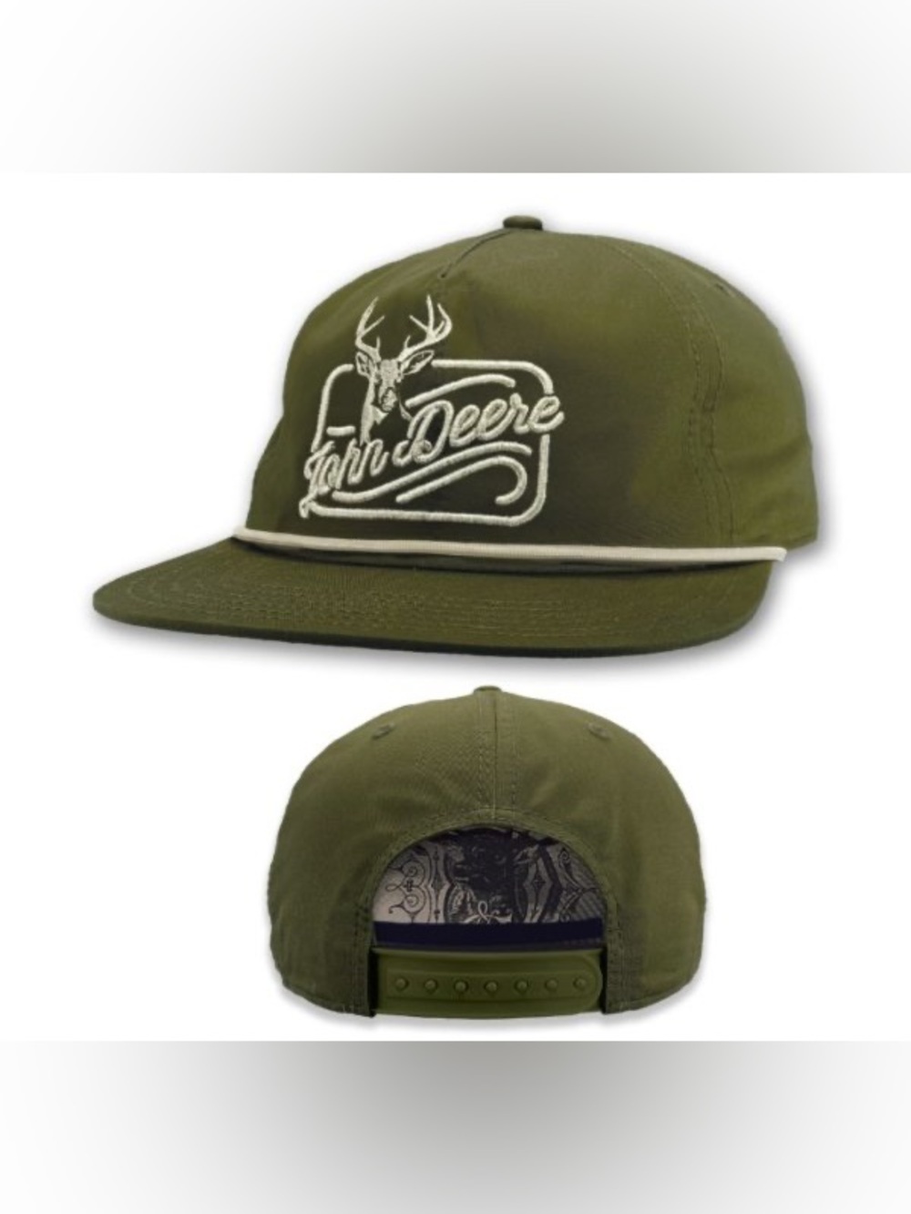 John Deere Olive Green & White Embroidered Snapback Hat
